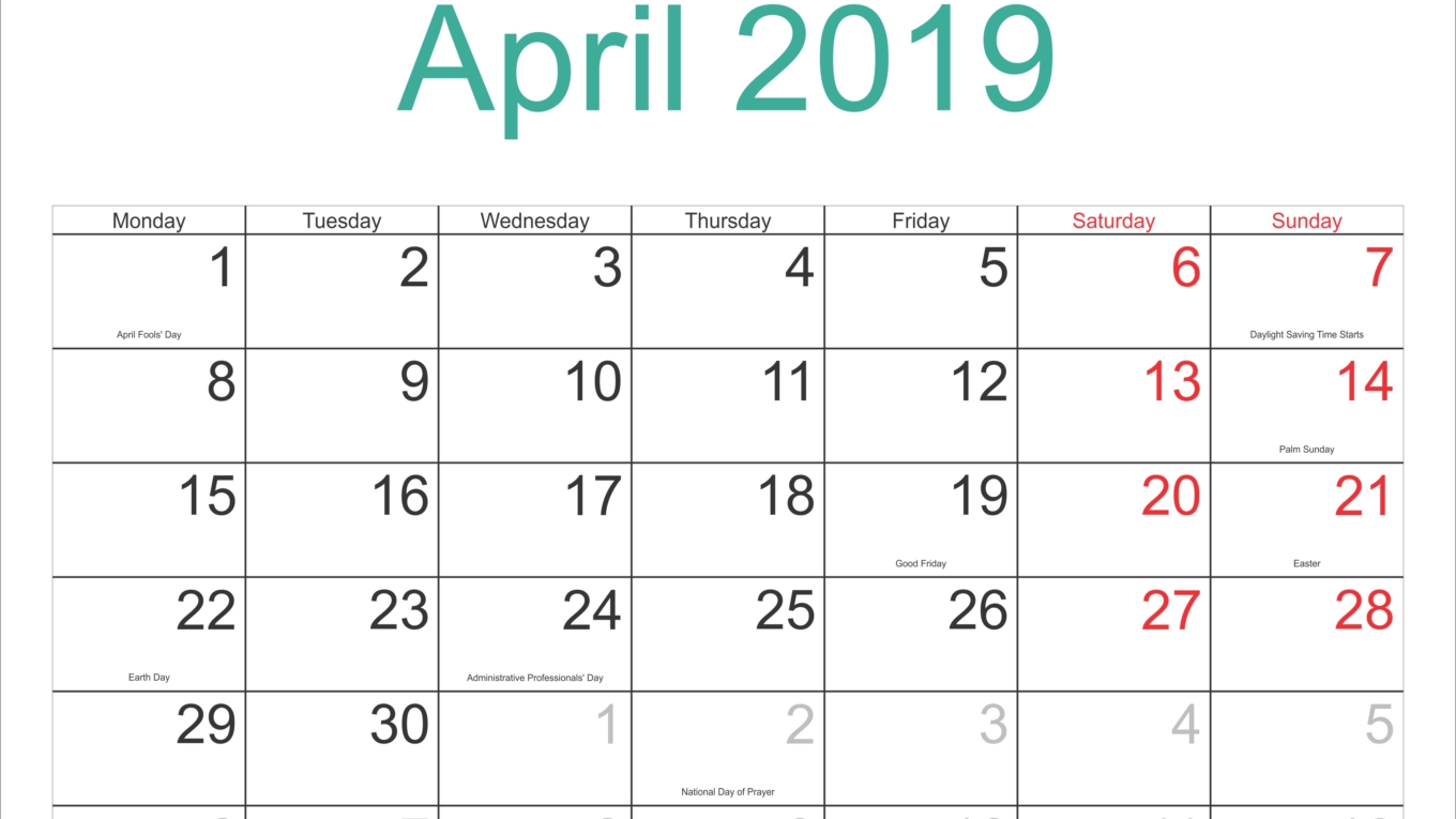 Free Download April 2019 Calendar With Holidays – Free Printable Free Calendar With Holidays