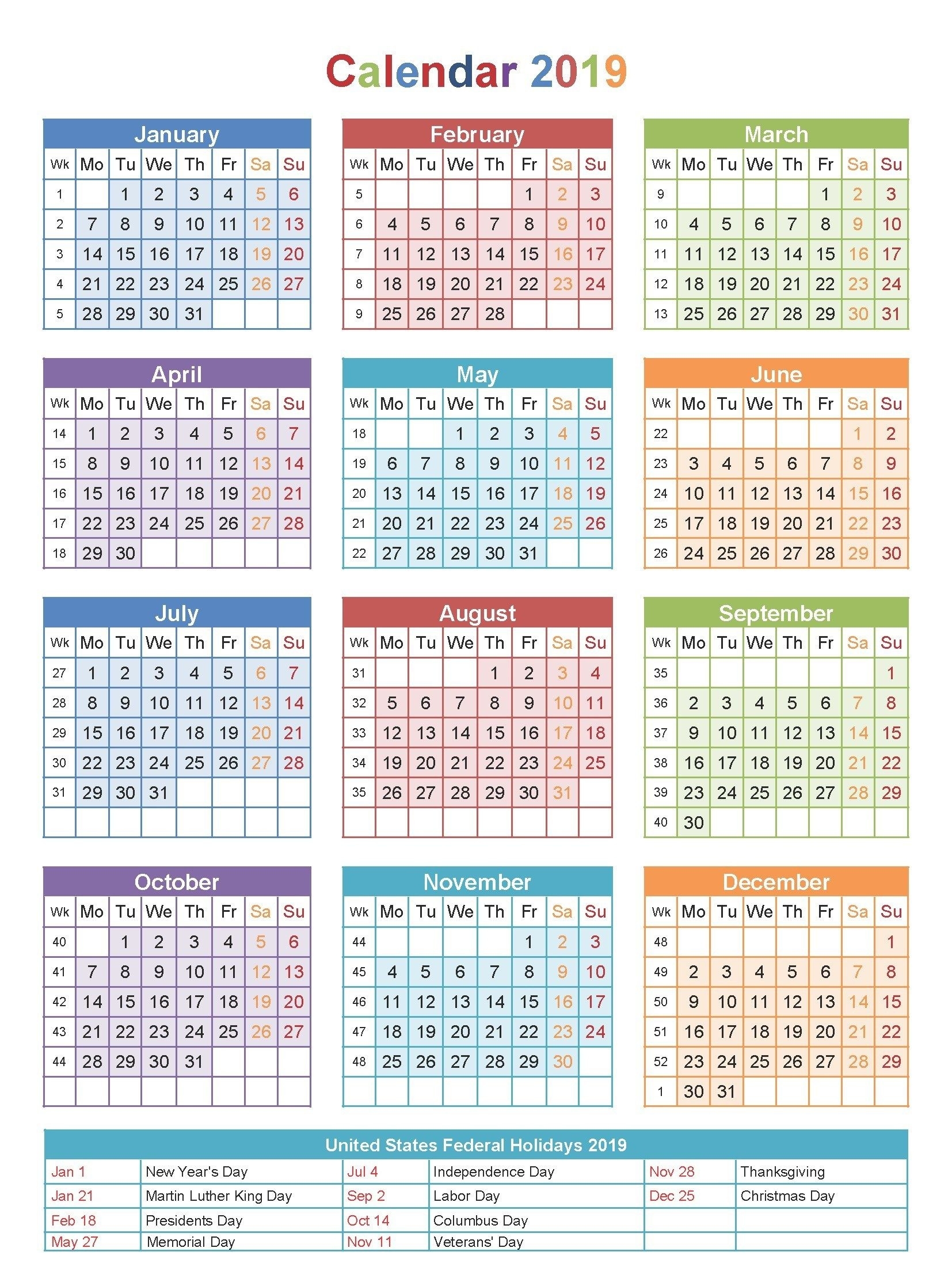 Free Editable Usa 2019 Calendar Pdf, Excel, Word Templates Free Calendar With Holidays
