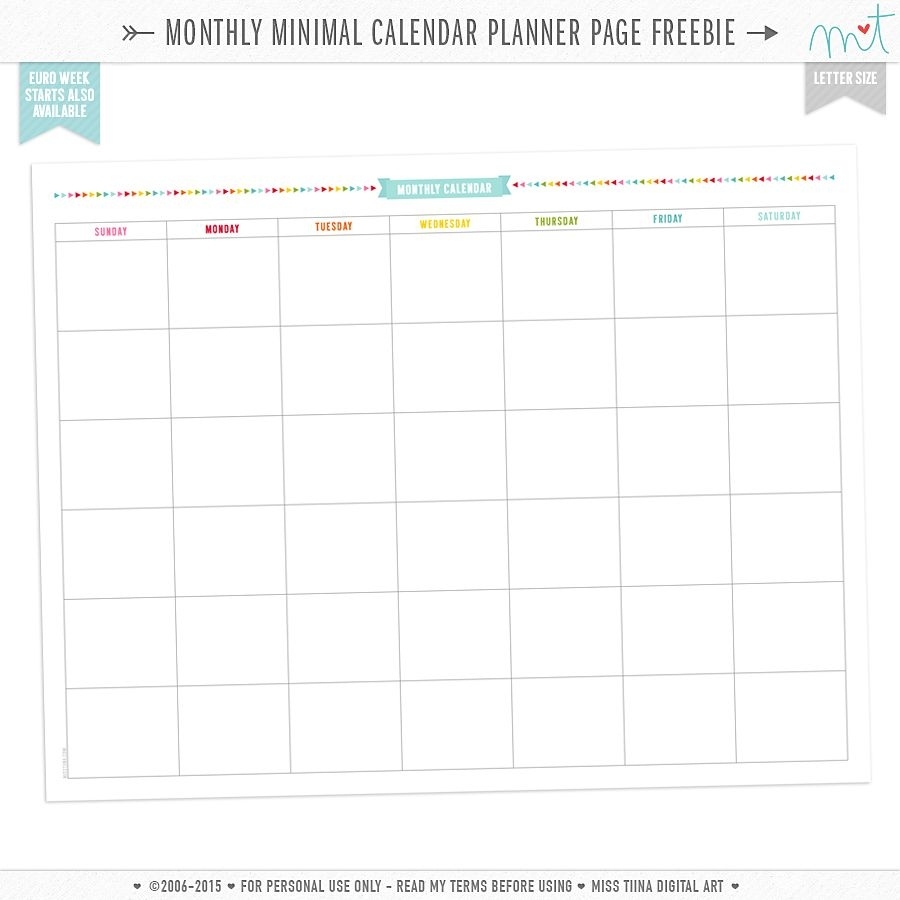 Free Monthly Minimal Calendar Planner Page Printables | Printables Monthly Calendar 8.5 X 11