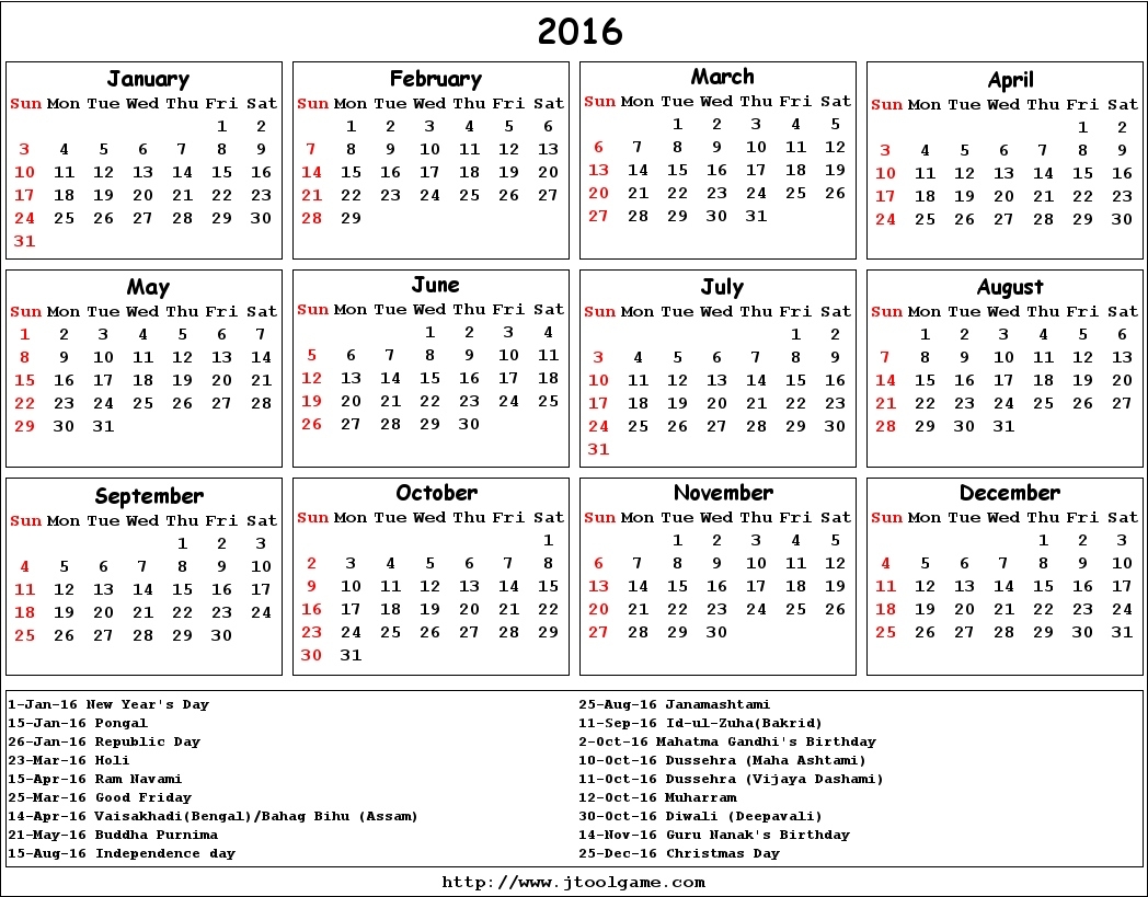 Free Printable 2016 Calendar With Holidays - Printable Calendar Blank Calendar With Holidays