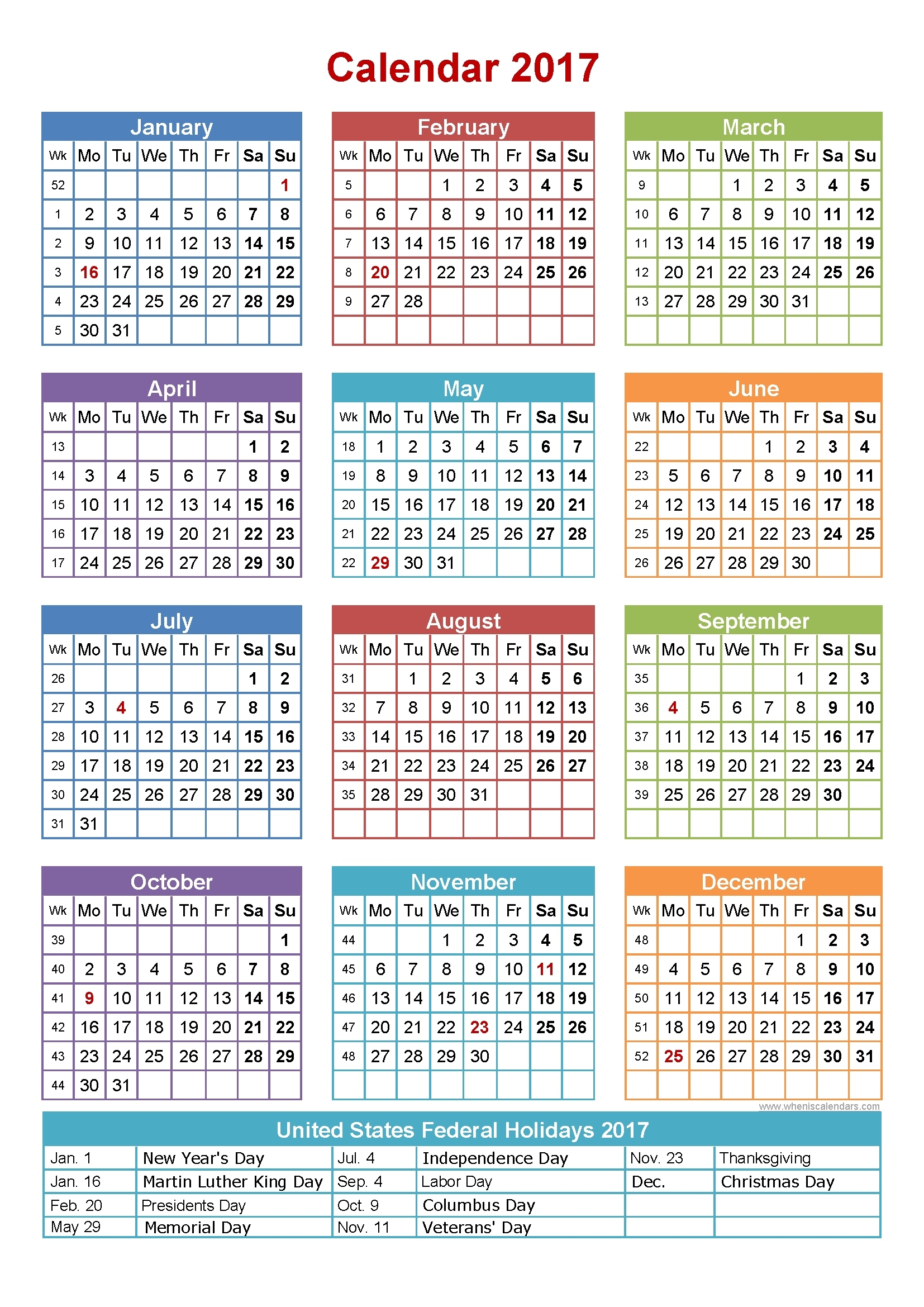 Free Printable 2017 Calendar With Holidays | Aaron The Artist Free Calendar With Holidays
