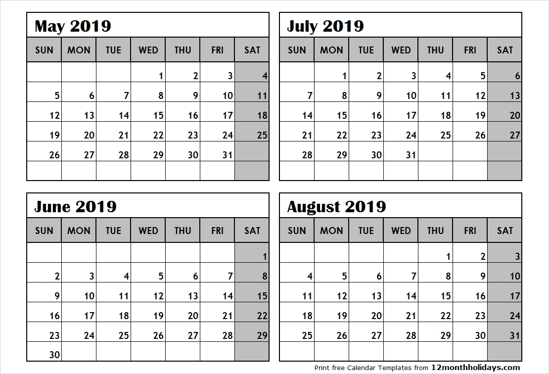 Free Printable 2019 4 Months Per Page Calendar Download June 2018 4 Calendar Months On One Page
