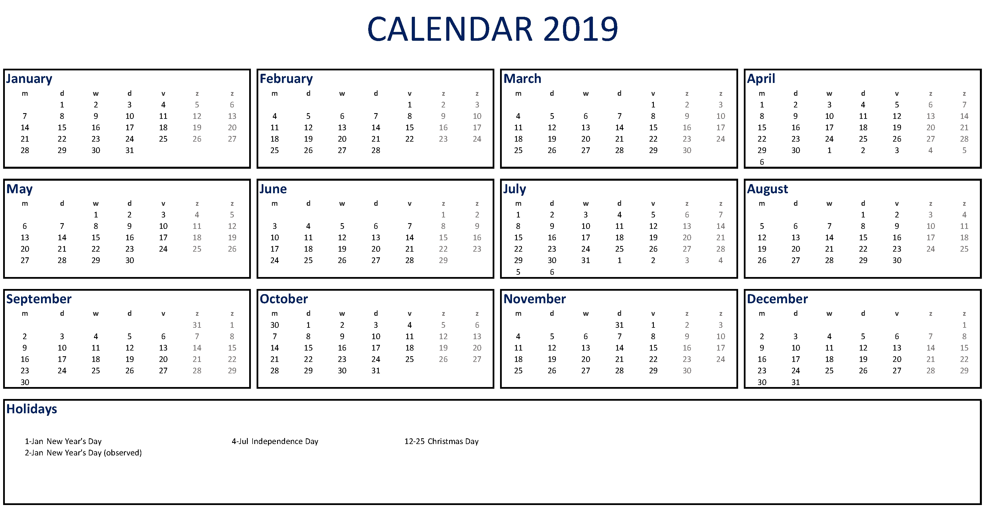 Free Printable 2019 Calendar Excel | Templates At Free Printable Calendar Templates Excel