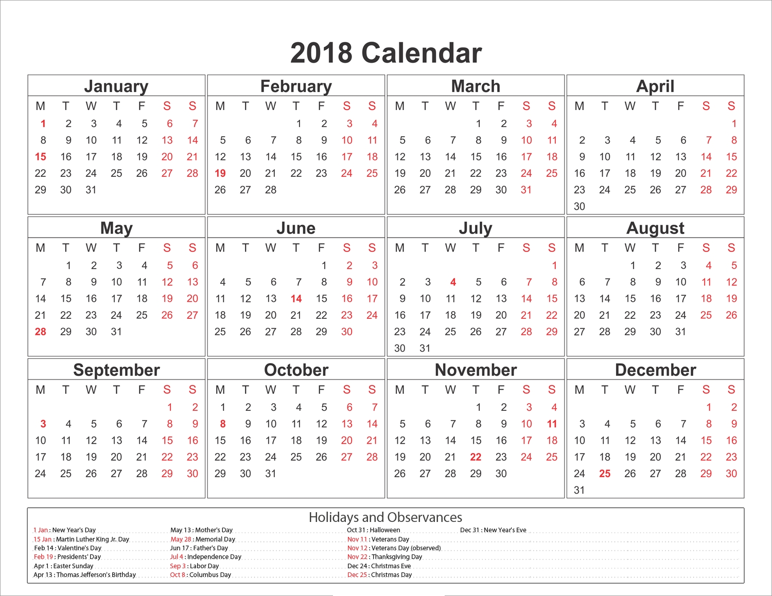 Free Printable Calendar With Holidays 2018 – Kairo.9Terrains.co Free Calendar With Holidays