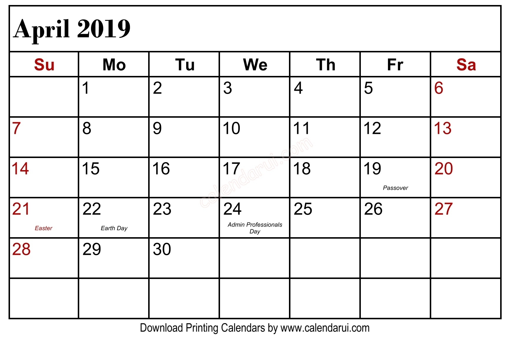 Get Free April 2019 Calendar Holidays | Calendar Template Printable Free Calendar With Holidays