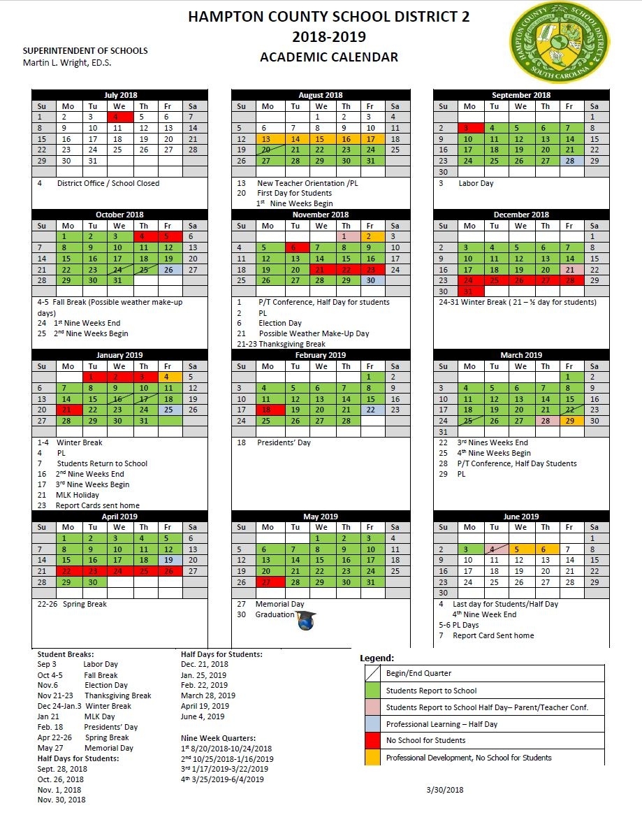 Hampton County School District 2 Calendar 2019 - Publicholidays District 2 School Calendar