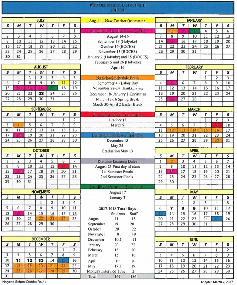Holyoke School District Boces 2 School Calendar