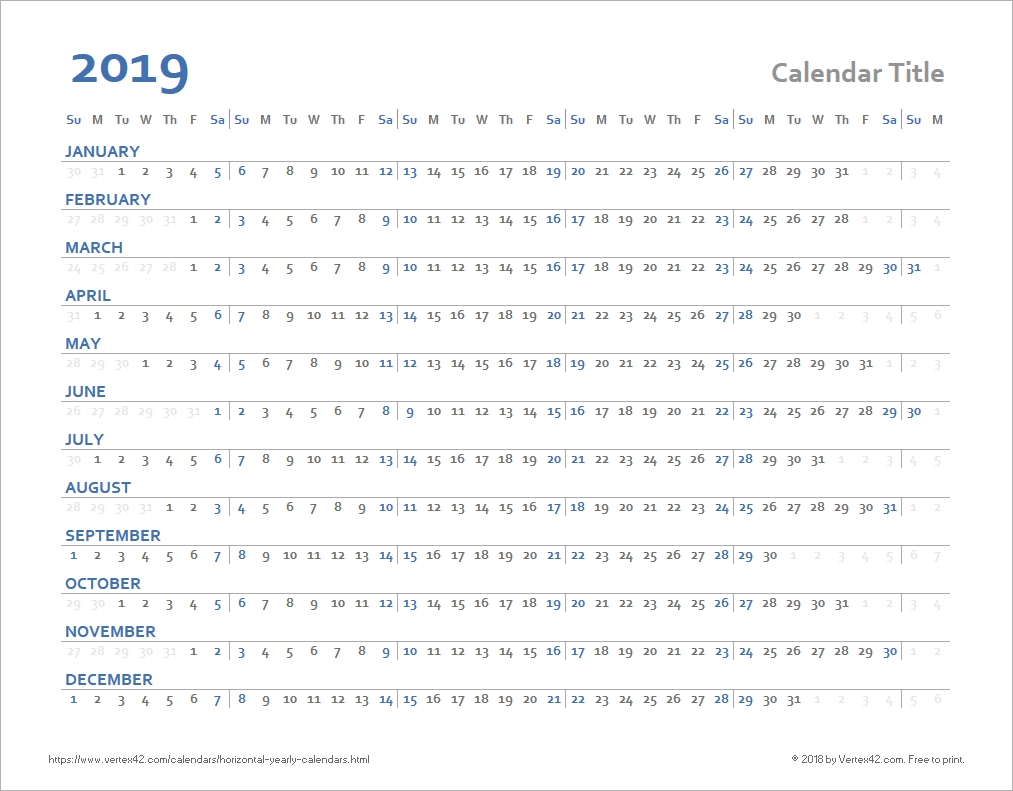 Horizontal Yearly Calendar Templates Excel Calendar Template Vertex42