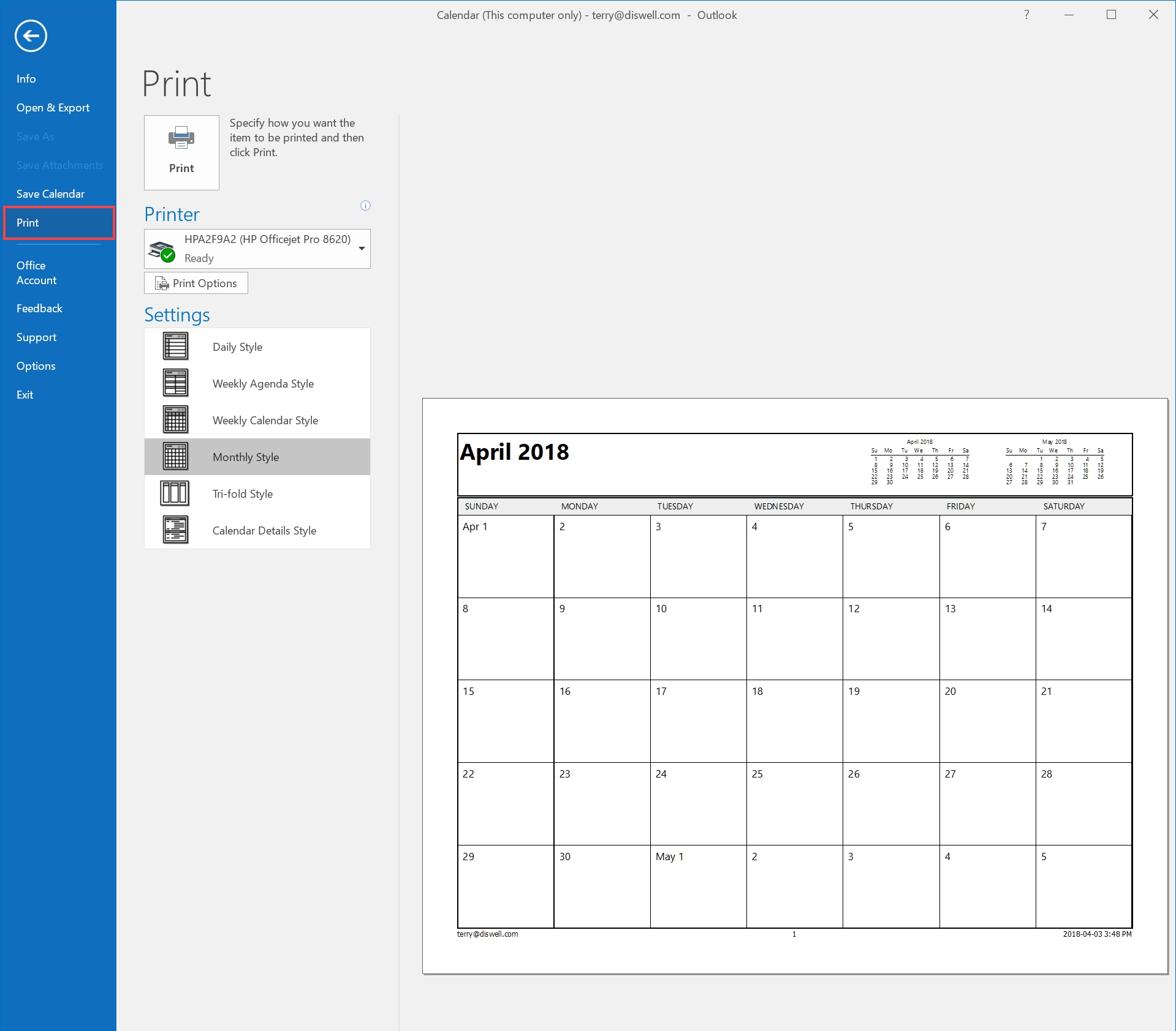 How To Email Or Print Your Calendar In Outlook 2016 - Hostpapa Printing Calendar From Office 365