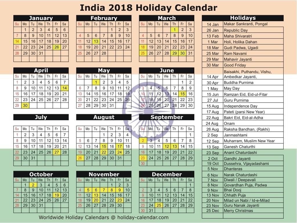 India 2018 / 2019 Holiday Calendar For Indian Holiday Today 2018 Calendar Holidays For Today