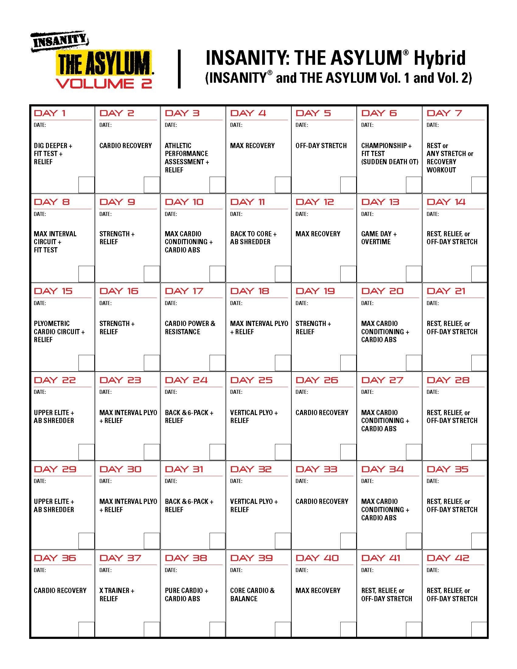 insanity workout schedule printable