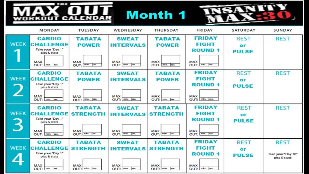 Insanity Max 30 Calendar Month 1 - Youtube Insanity Calendar Month 1