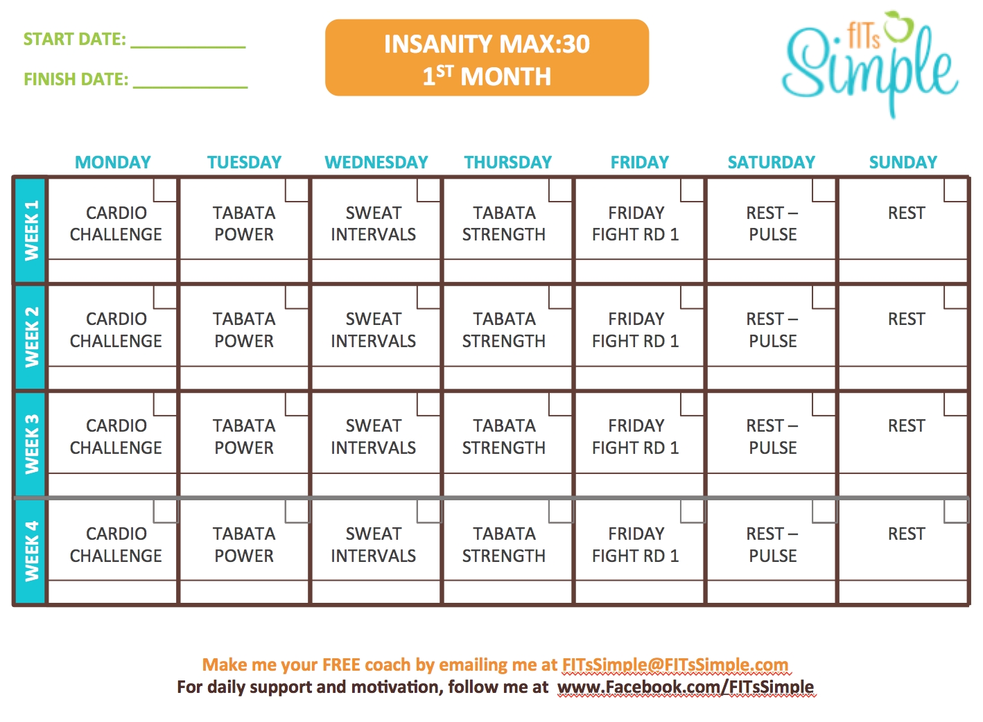 Insanity Max 30 Workout Calendar - Free Download!! | Max Out Insanity Calendar Month 1