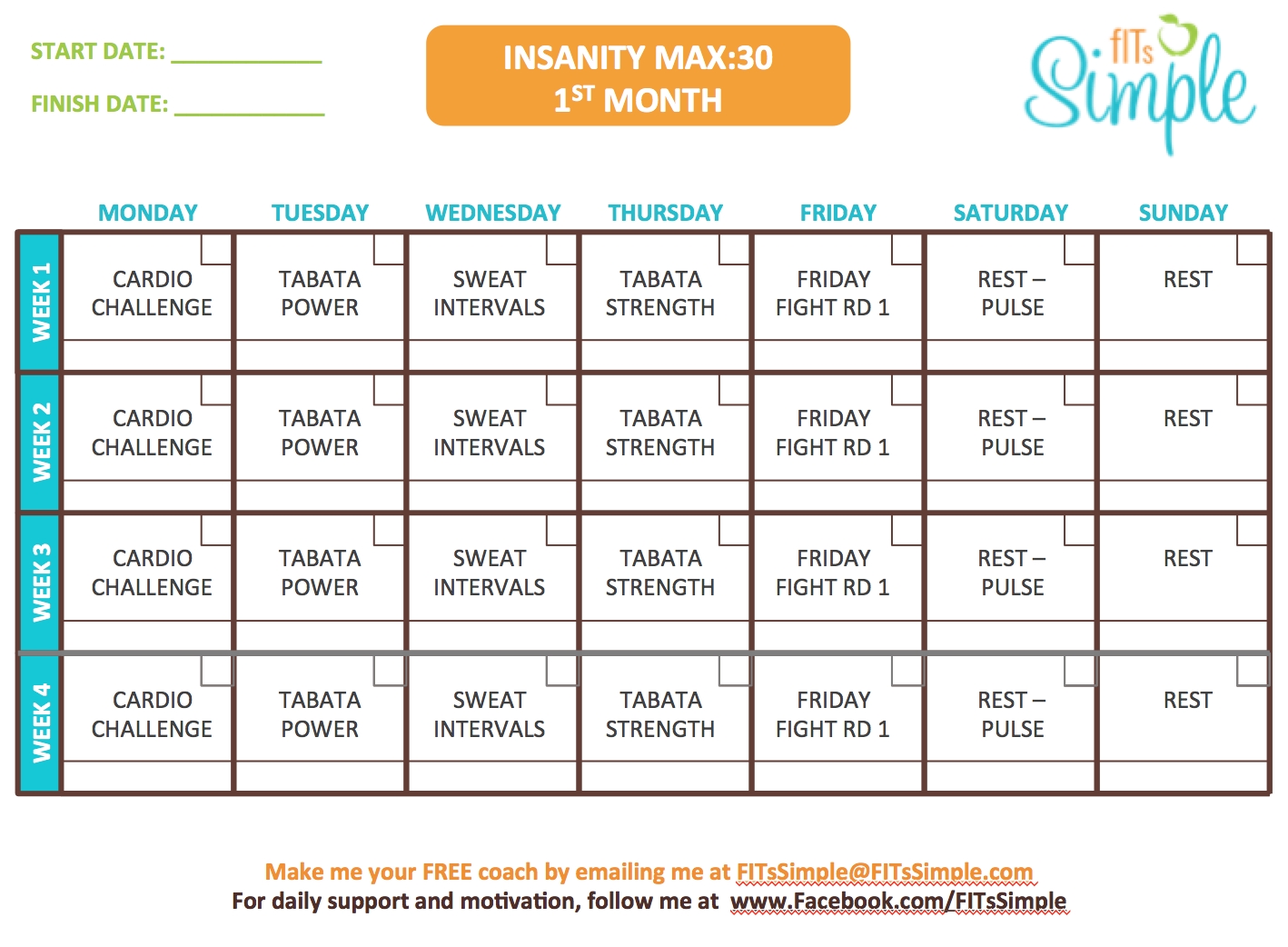 Insanity Calendar Month 1 Printable Blank Calendar Template