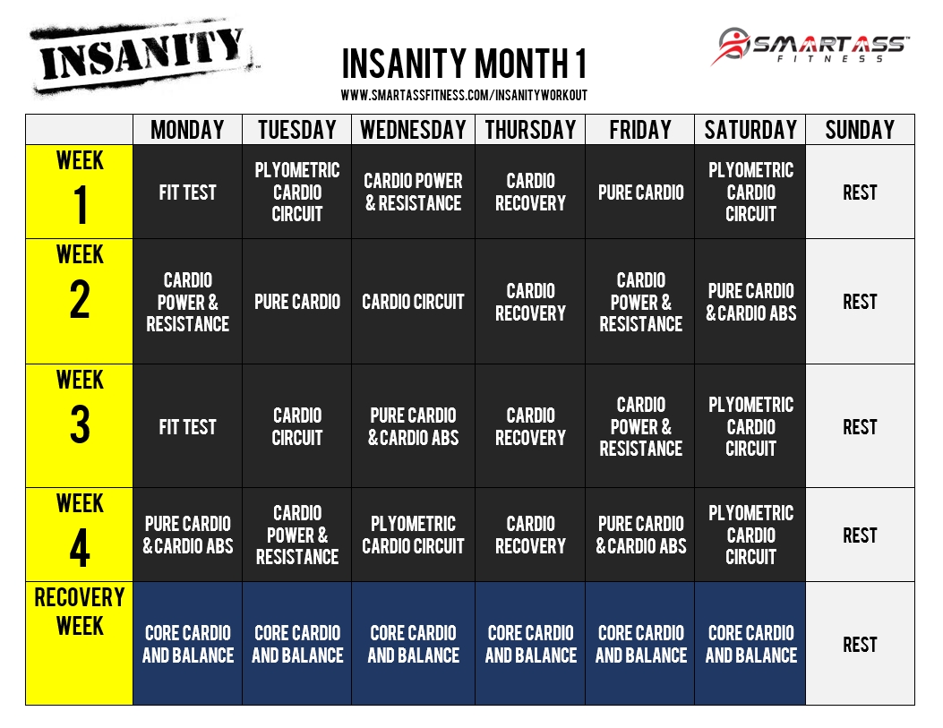 Insanity Workout Schedule | Smart Ass Fitness Insanity Calendar Month 1