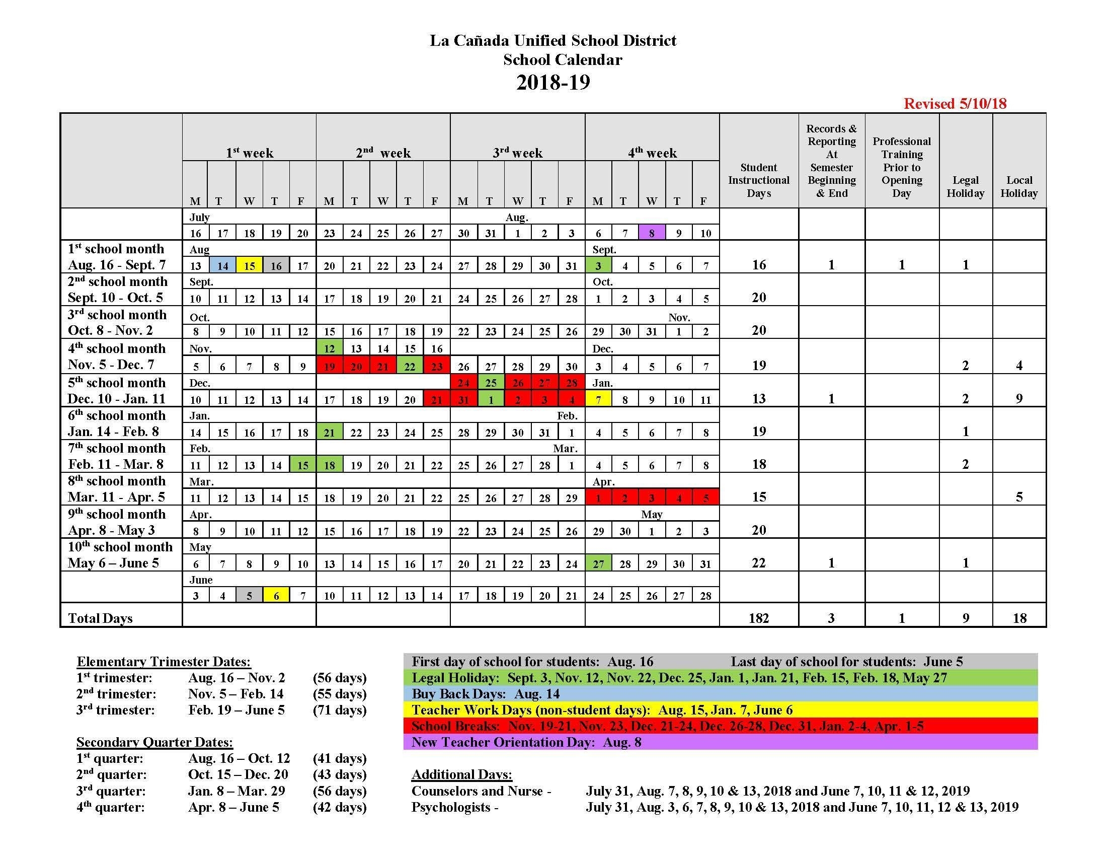 Instructional Days Calendars – Yearly Calendars – La Cañada Unified U Of R School Calendar