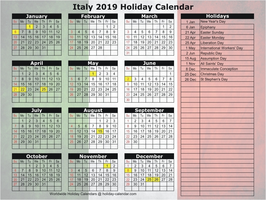 Italy 2019 / 2020 Holiday Calendar 2020 Calendar Holidays Easter