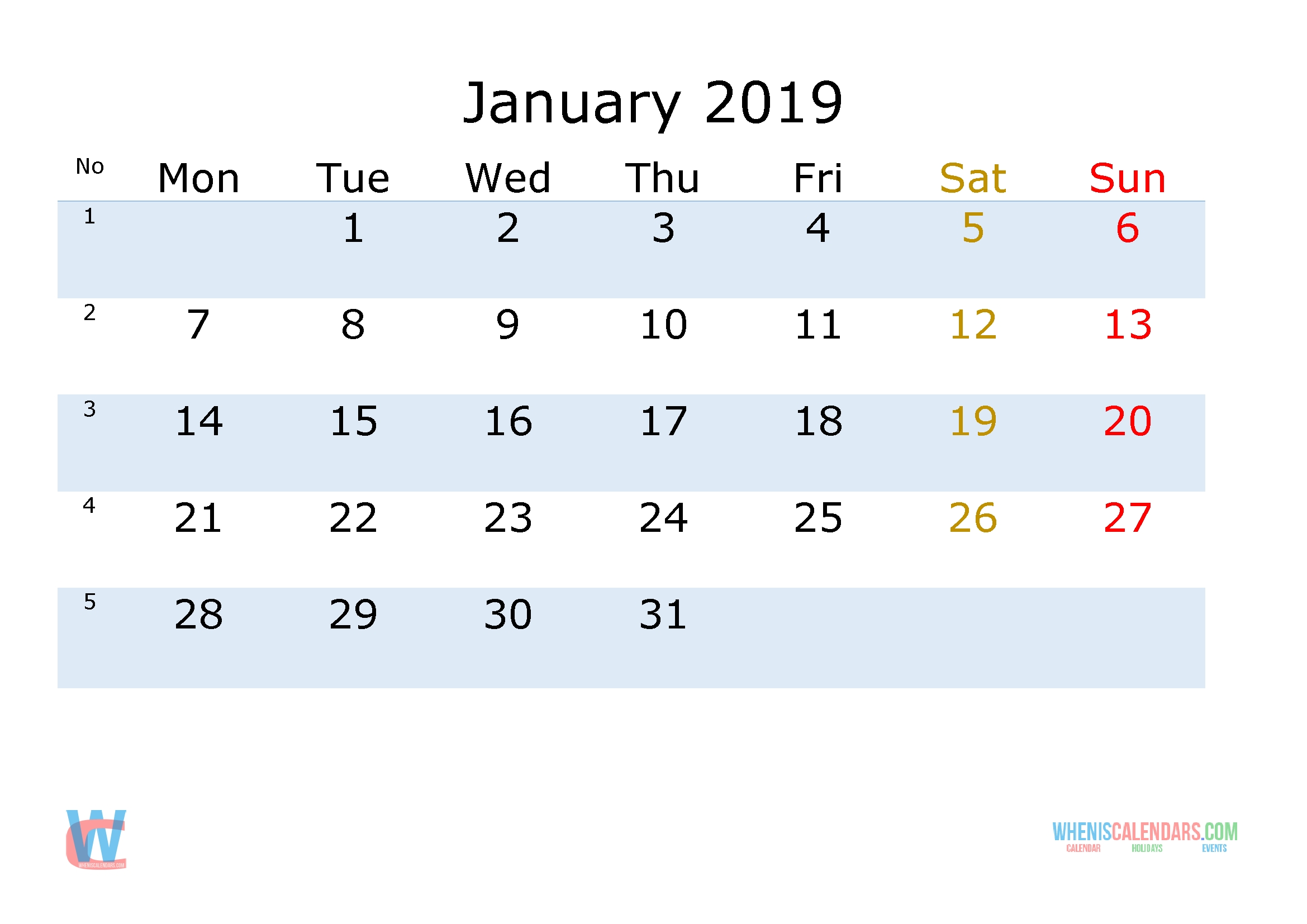 January 2019 Printable Monthly Calendar With Week Numbers [Monday Monthly Calendar No Weekends