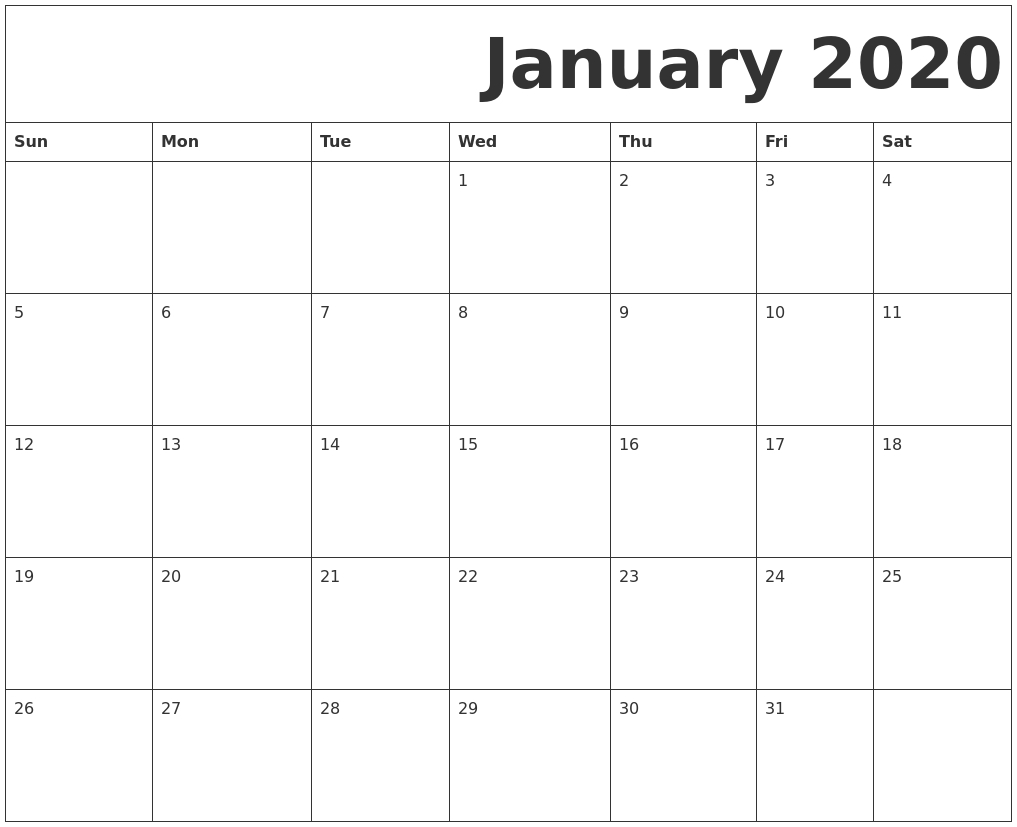 January 2020 Free Printable Calendar Free Printable Calendar January 2020