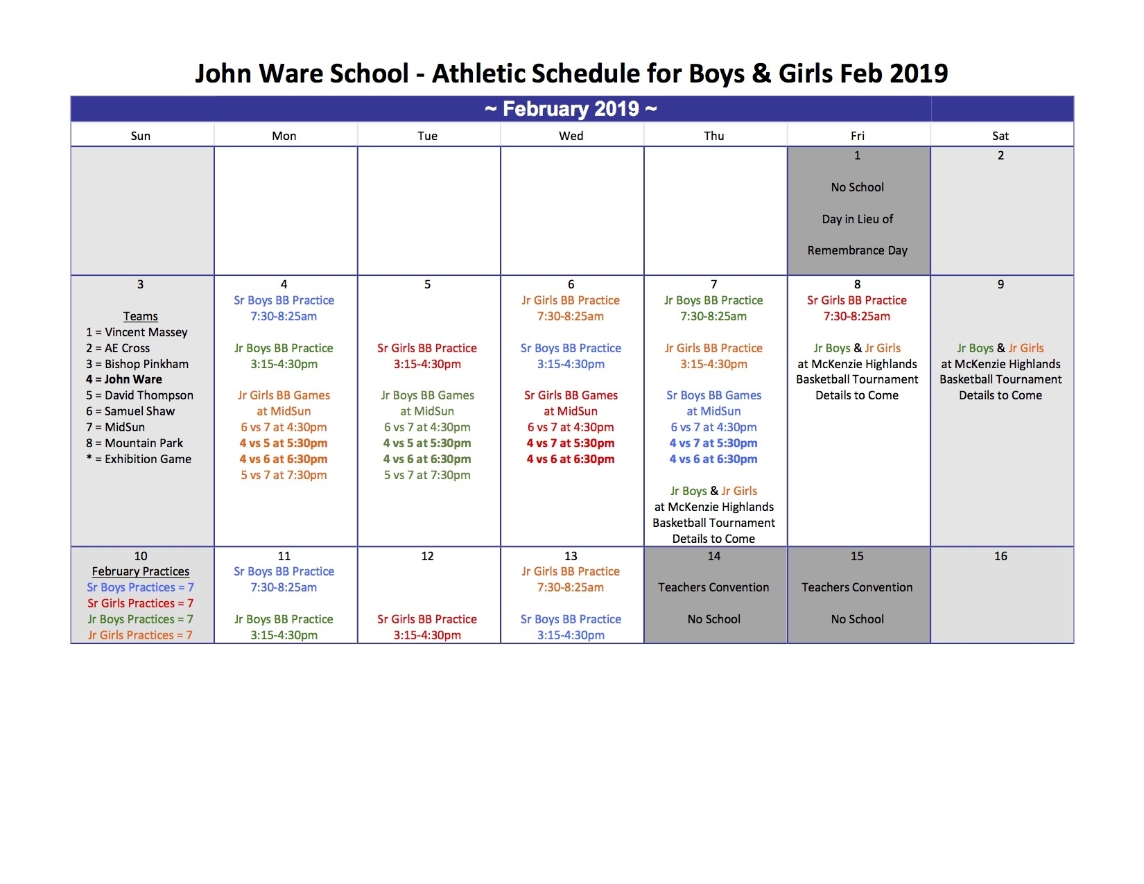 John Ware School F E Osborne School Calendar
