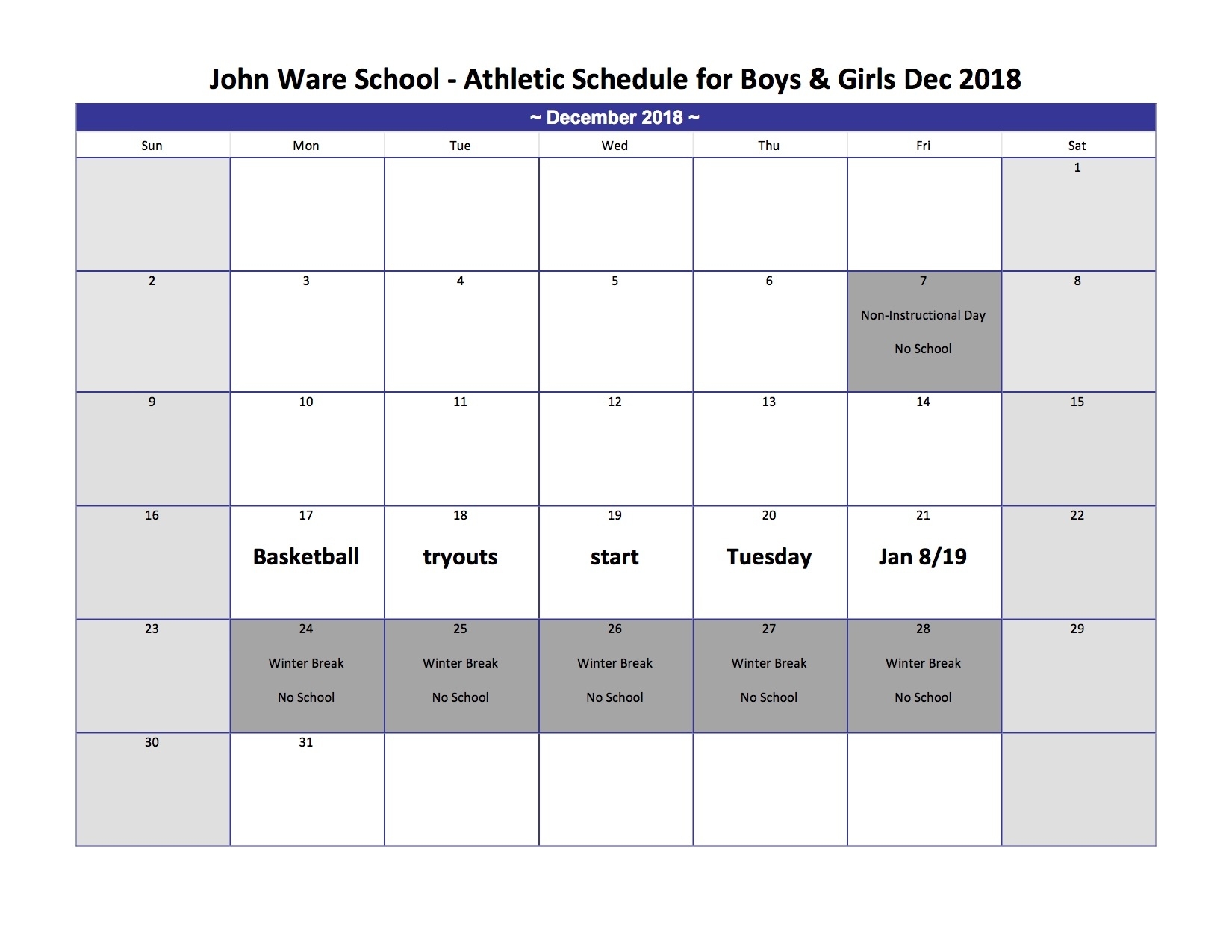John Ware School Perky F E Osborne School Calendar