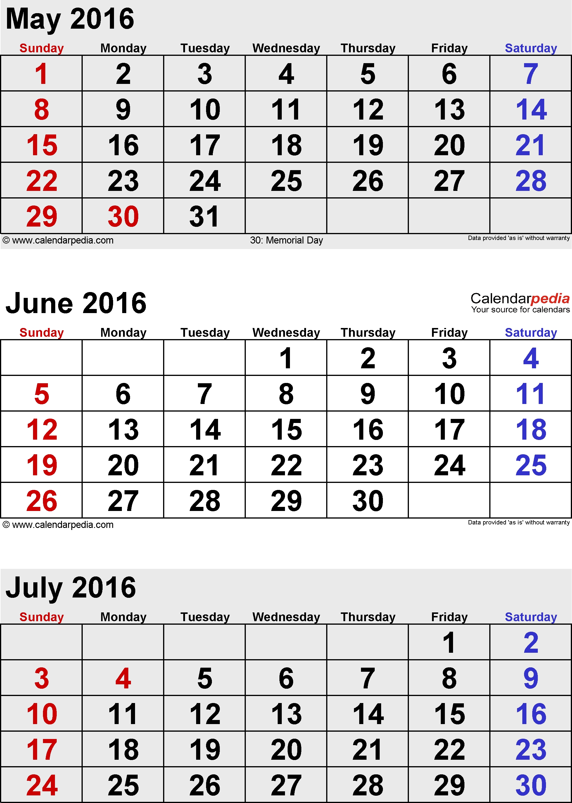 July 2016 Calendars For Word, Excel &amp; Pdf 3 Month Calendar With Holidays