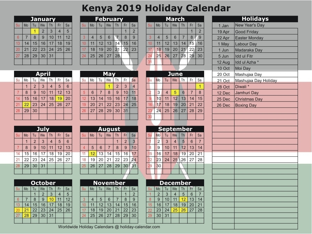 Kenya 2019 / 2020 Holiday Calendar Calendar Holidays In Kenya