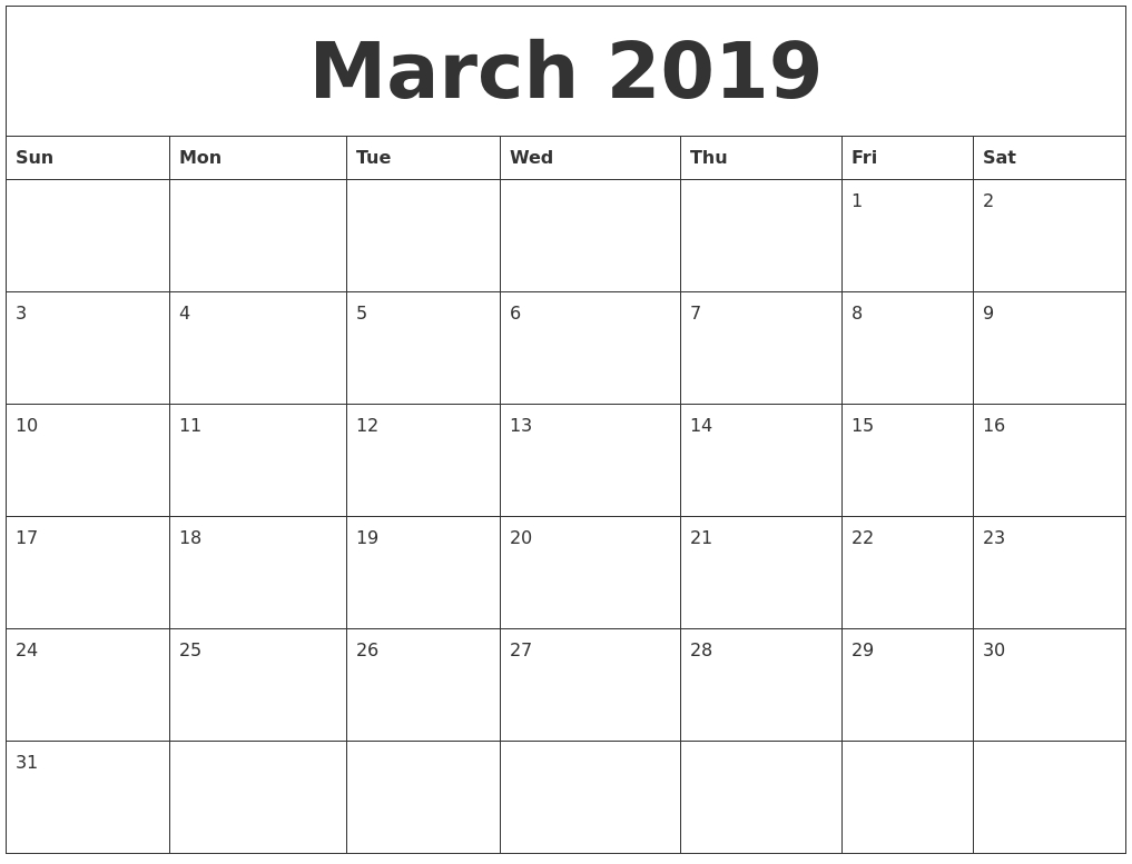 March 2019 Calendar Printable – Free Templates – Printable Calendar 2019 Remarkable Blank Calendar No Download