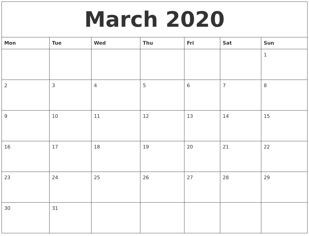 March 2020 Monthly Printable Calendar Printable Calendar 18 Month