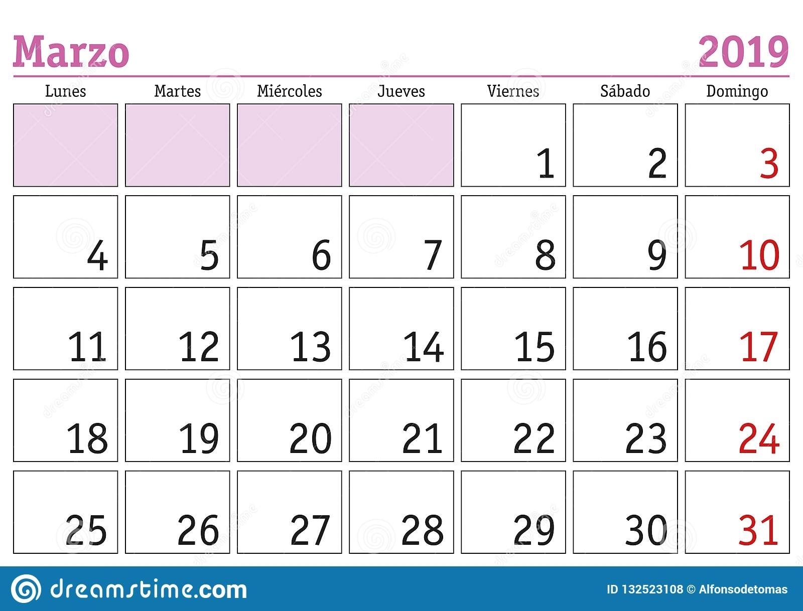 Marzo 2019 Wall Calendar Spanish Stock Illustration - Illustration Calendar Month In Spanish