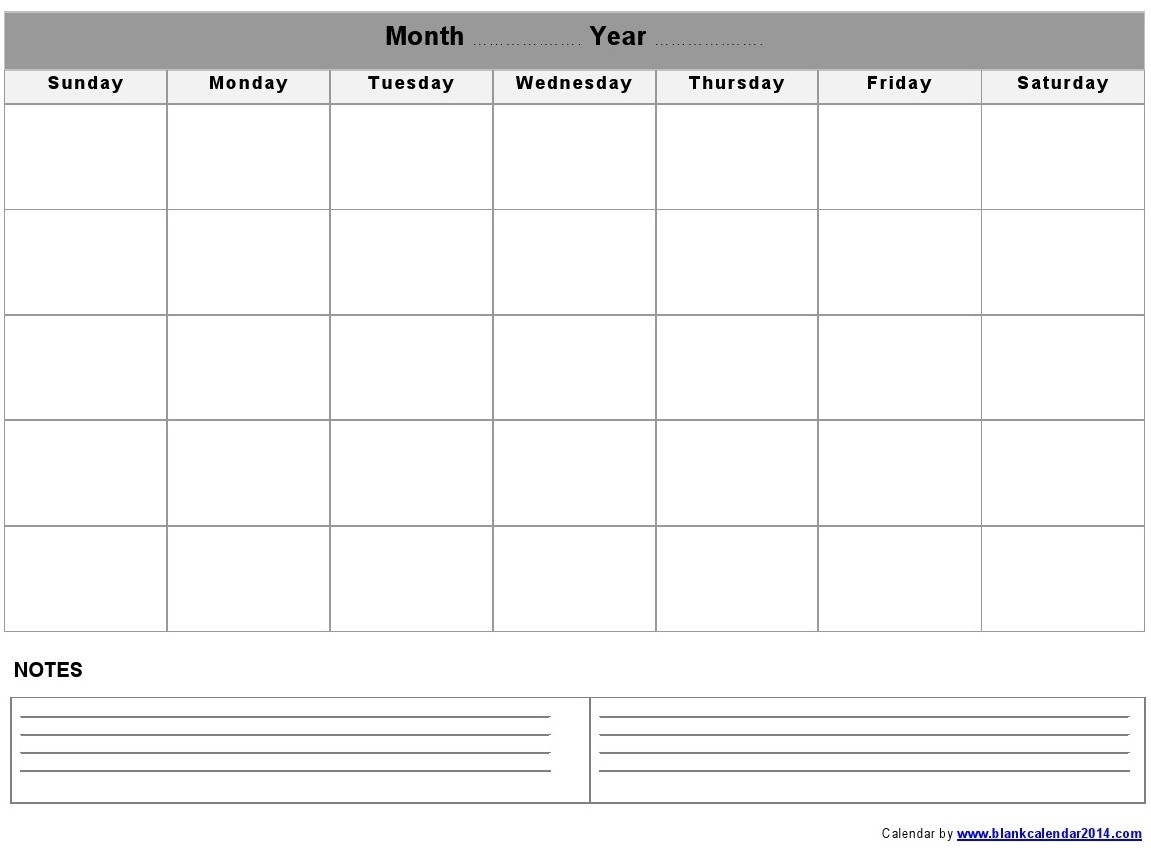 Monthly-Blank-Calendar-Notes-Landscape Printable Blank Calendar Landscape