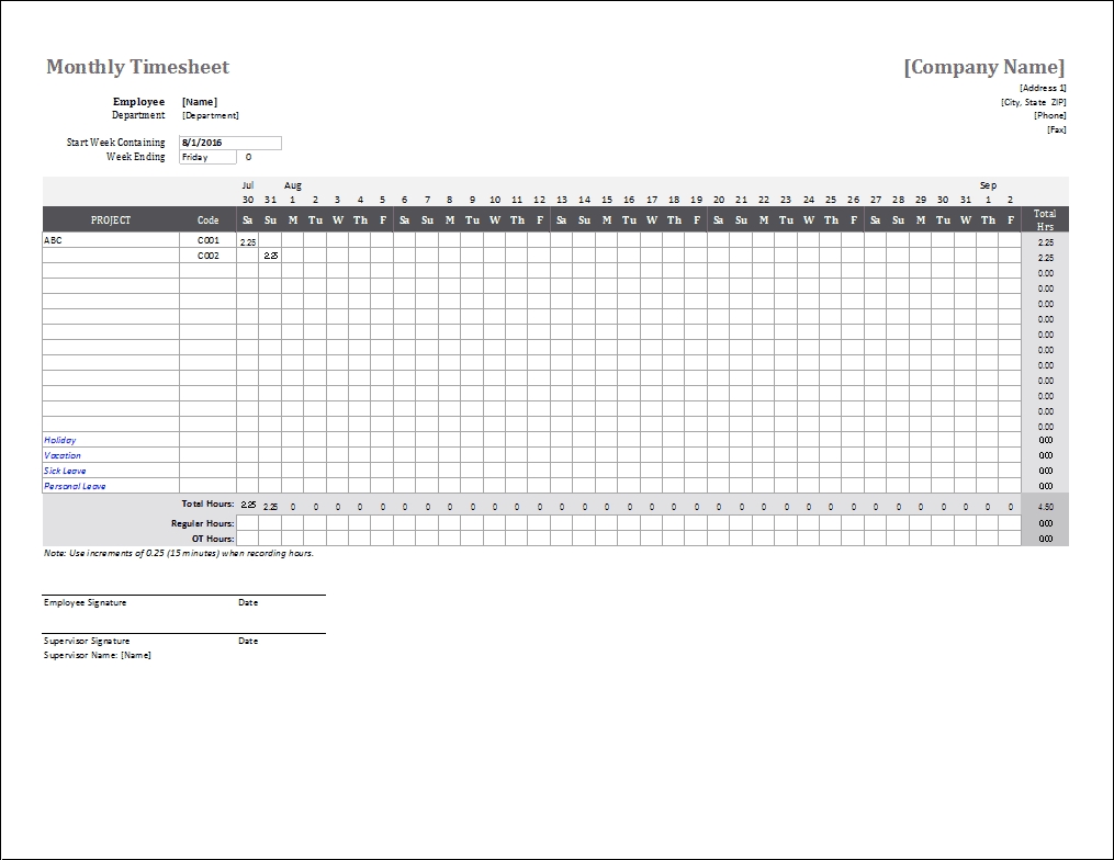 Monthly Timesheet Template For Excel Excel Calendar Template Vertex42