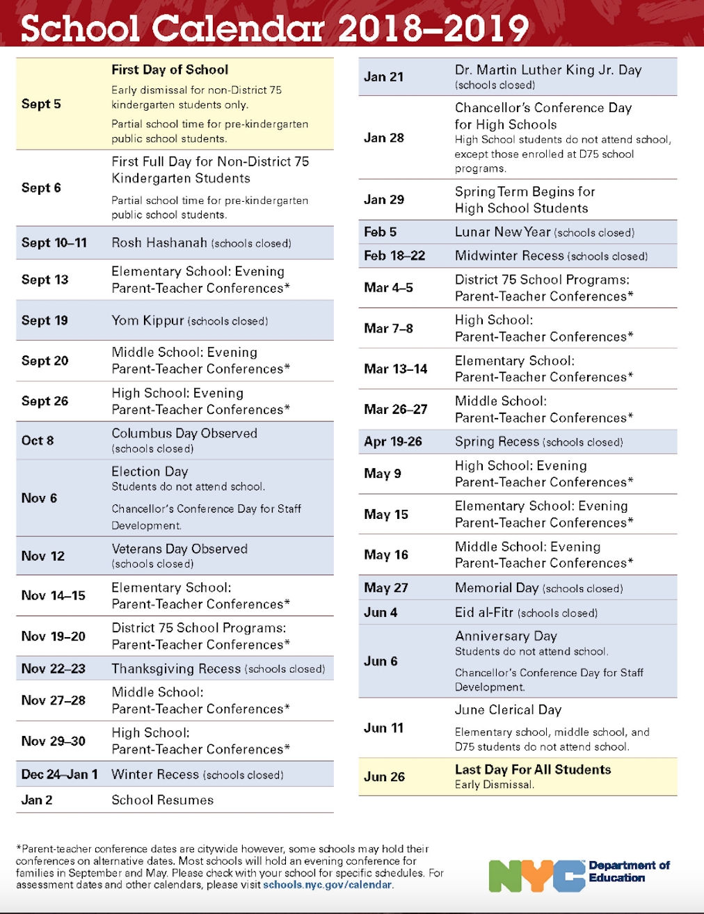 Nyc Doe 2018-2019 School Calendar | Ps 373R Robert Randall School N Y C School Calendar