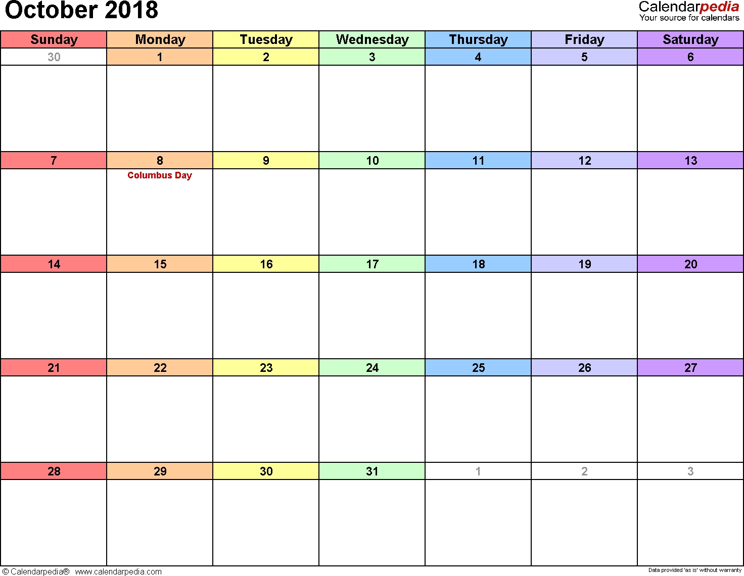 October 2018 Calendars For Word, Excel &amp; Pdf Calendar Month Of October
