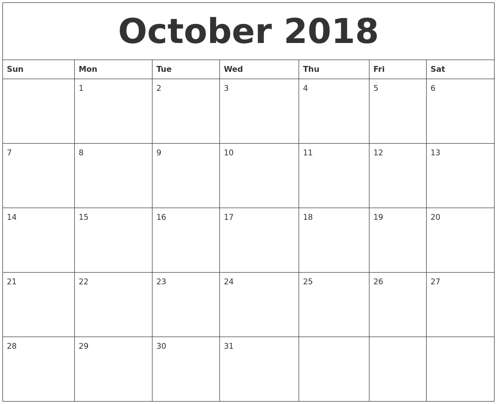 October 2018 Large Printable Calendar Calendar Month Of October