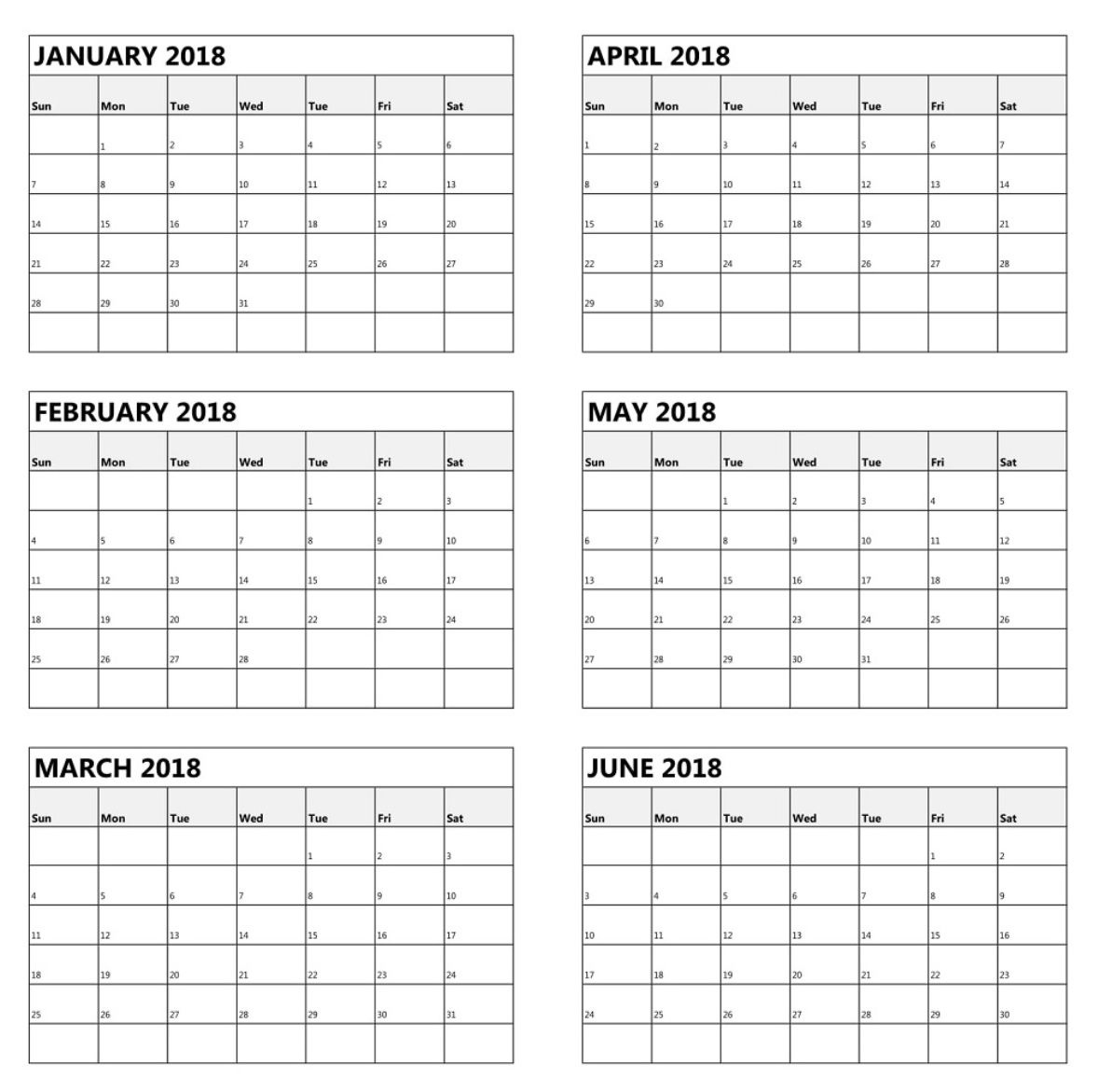 One Page 6 Month Calendar 2018 | Maxcalendars | Calendar 2018 6 Month Calendar Blank