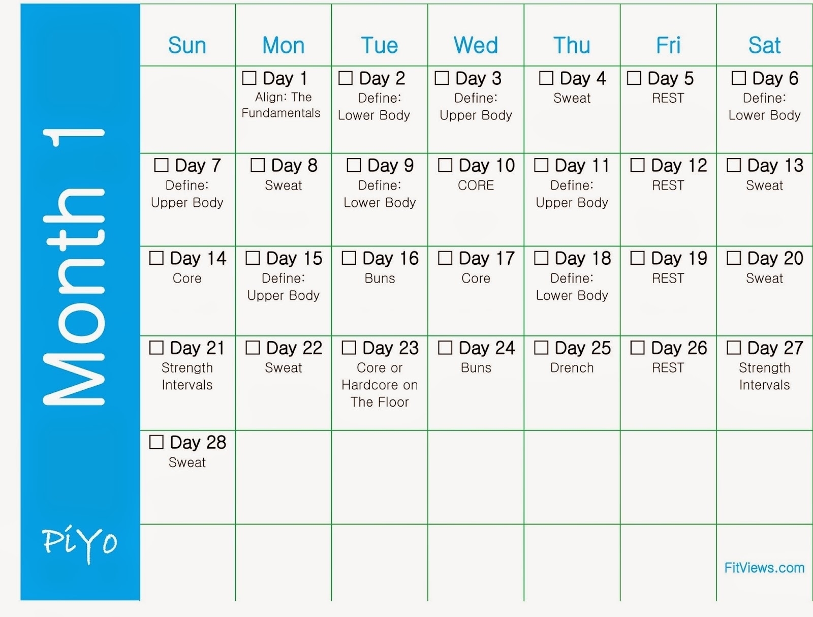 Piyo Calendar Month 1 • Printable Blank Calendar Template Piyo Calendar Month 3