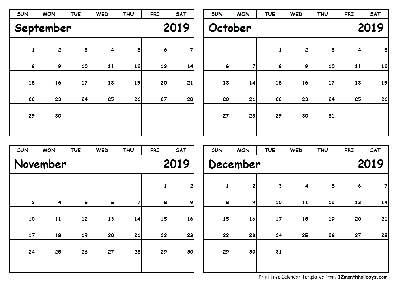 Print September To December 2019 Calendar Template | 4 Month 4 Monthly Calendar Template