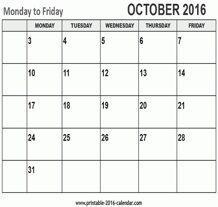 Printable 2016 Calendar Without Weekends | Calendar Template 2018 Monthly Calendar No Weekends