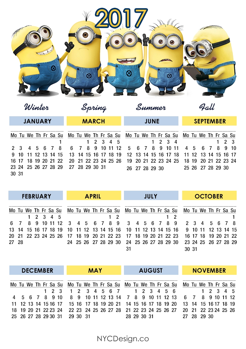 Printable 2017 Calendar - Calendar 2017 Minions - 4 Seasons Calendar 4 Seasons Calendar Template