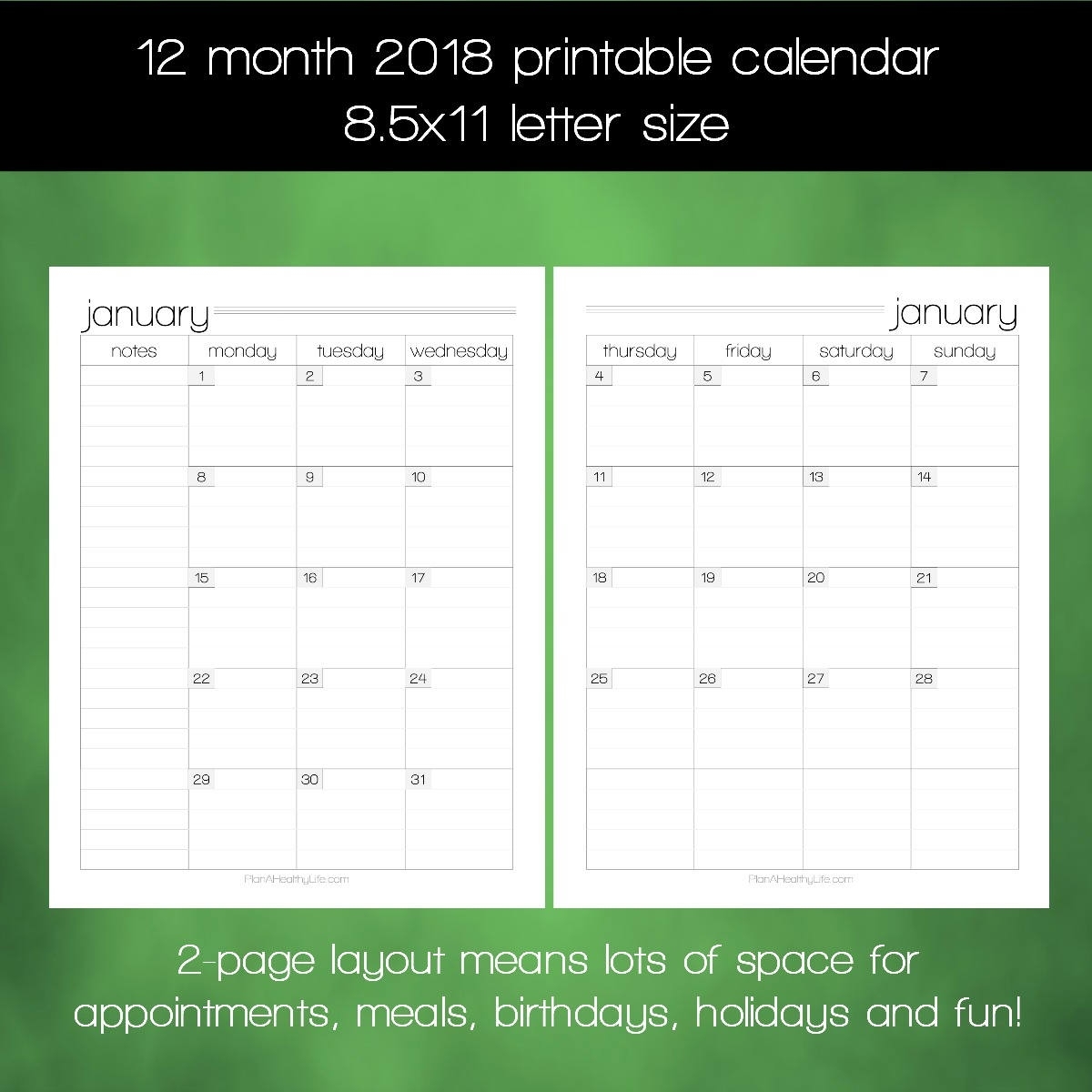 Printable 2018 Monthly Calendar – 8.5X11 Letter Size Pdf – 2018 Monthly Calendar 8.5 X 11