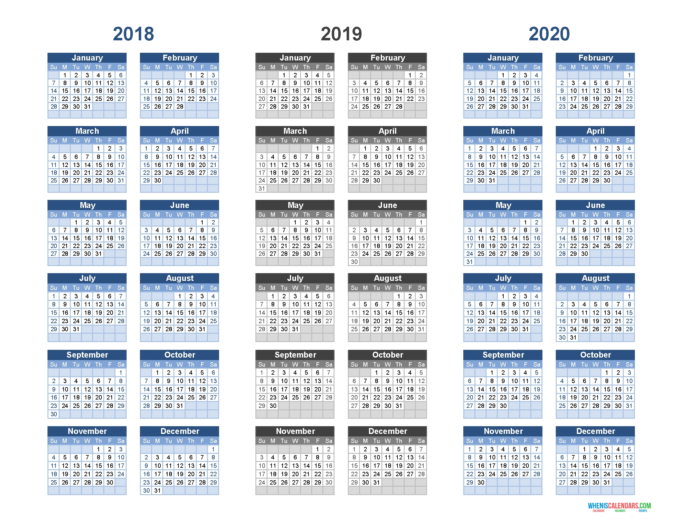 Printable Calendar 2018 2019 And 2020 - 3 Year Calendar | Free 3 Year Calendar Template