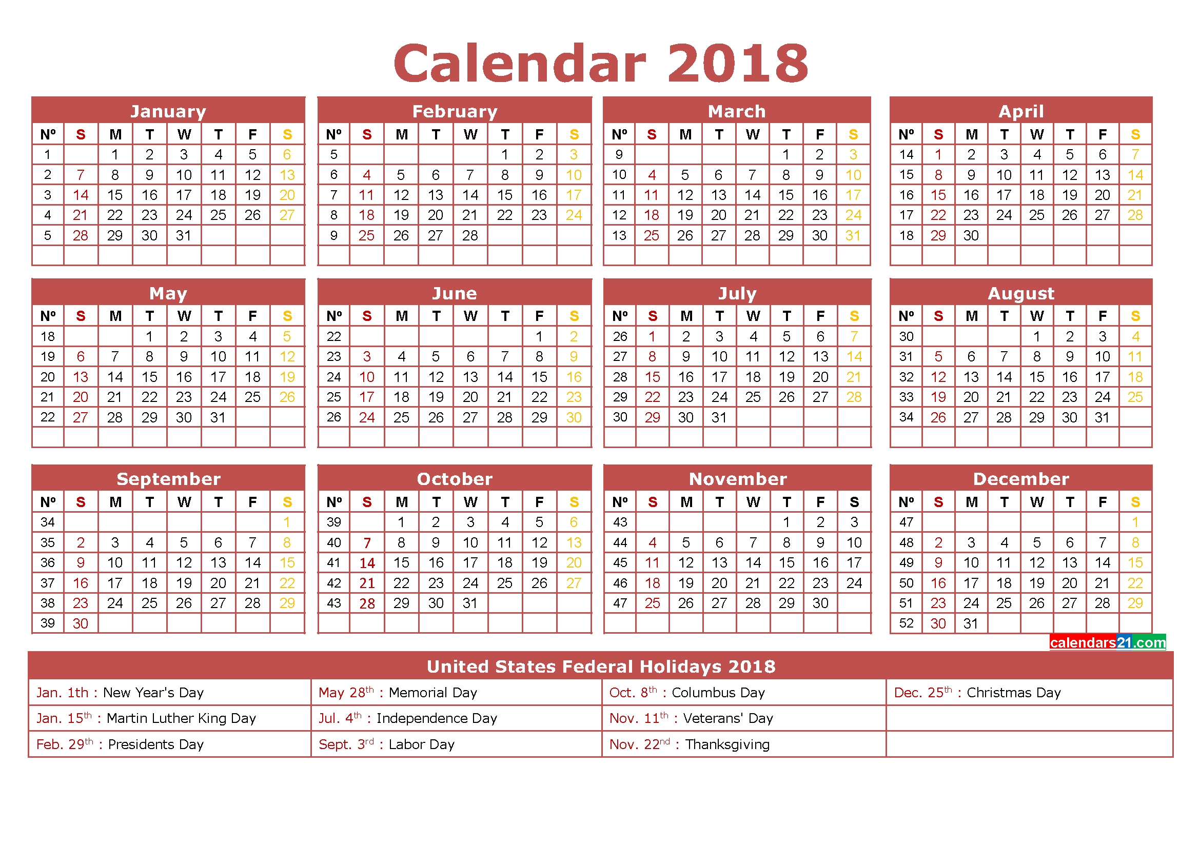 Printable Calendar 2018 With Holidays Full Year (4 Templates) | Free Blank Calendar With Holidays