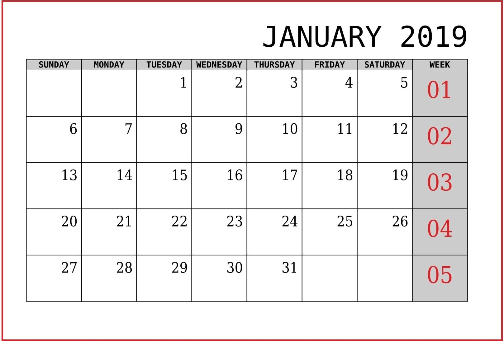 Printable Calendar For January 2019 Blank Templates Notes Impressive Blank Calendar High Resolution