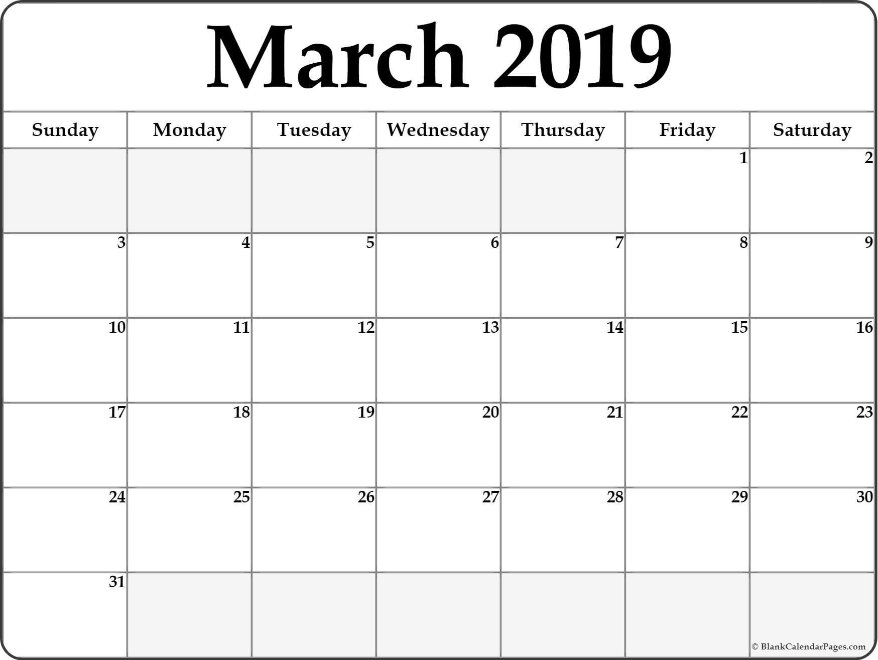 Printable Calendar For March 2019 - Free Printable Calendar, Blank Blank Calendar High Resolution