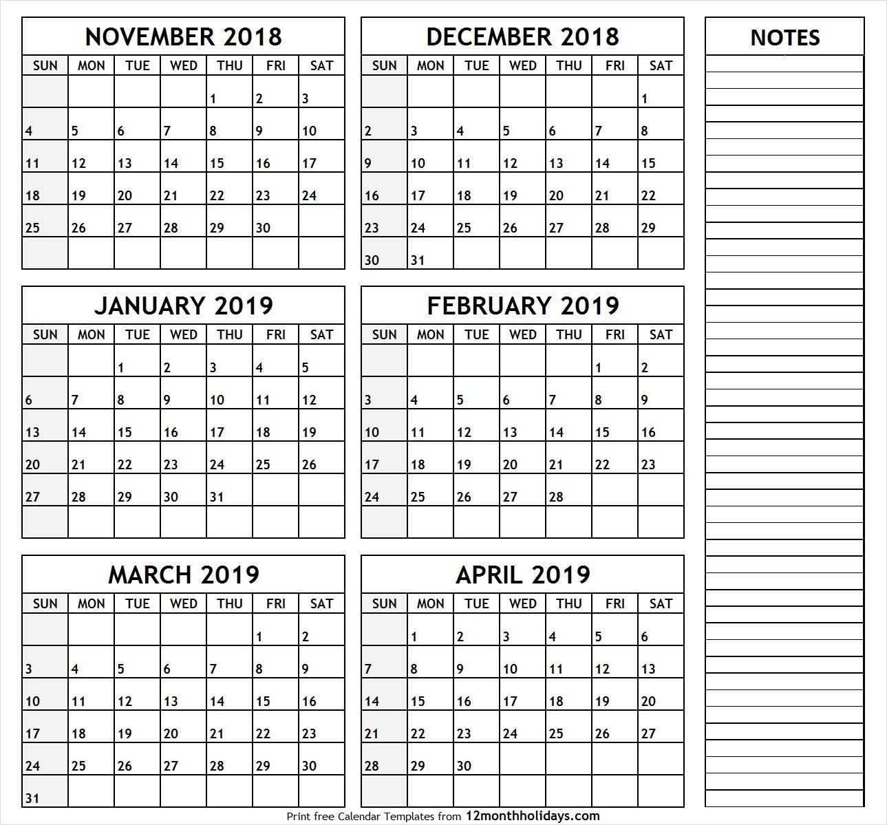 Printable Calendar November 2018 - April 2019 | November 2018 To Print Calendar 6 Months