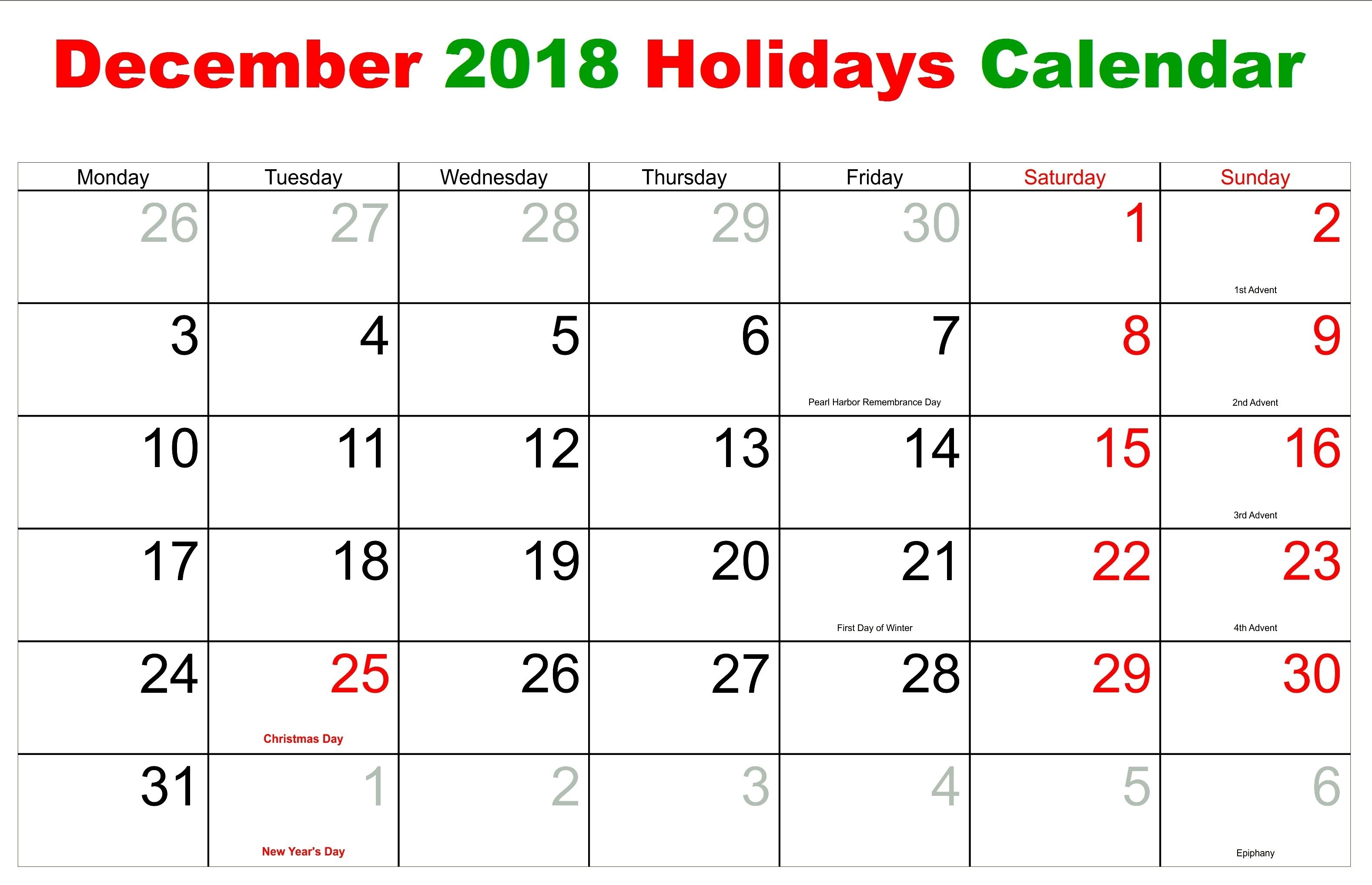 Printable December 2018 Calendar With Holidays – Printable Calendar Calendar Of Holidays In December
