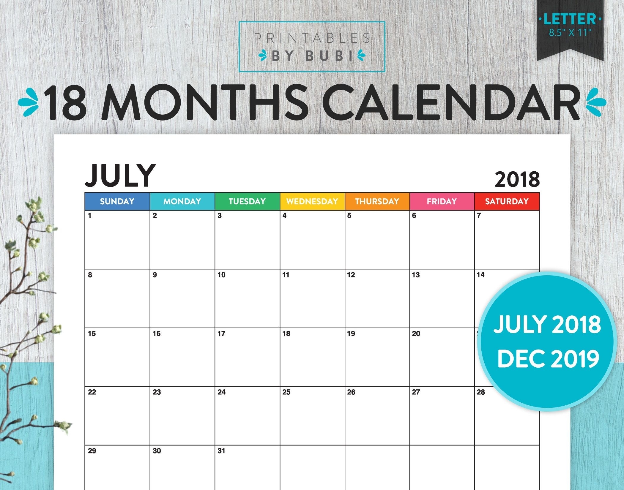 Printable Monthly Calendar 2019, Calendar Printable 2019, Wall Printable Calendar 18 Month