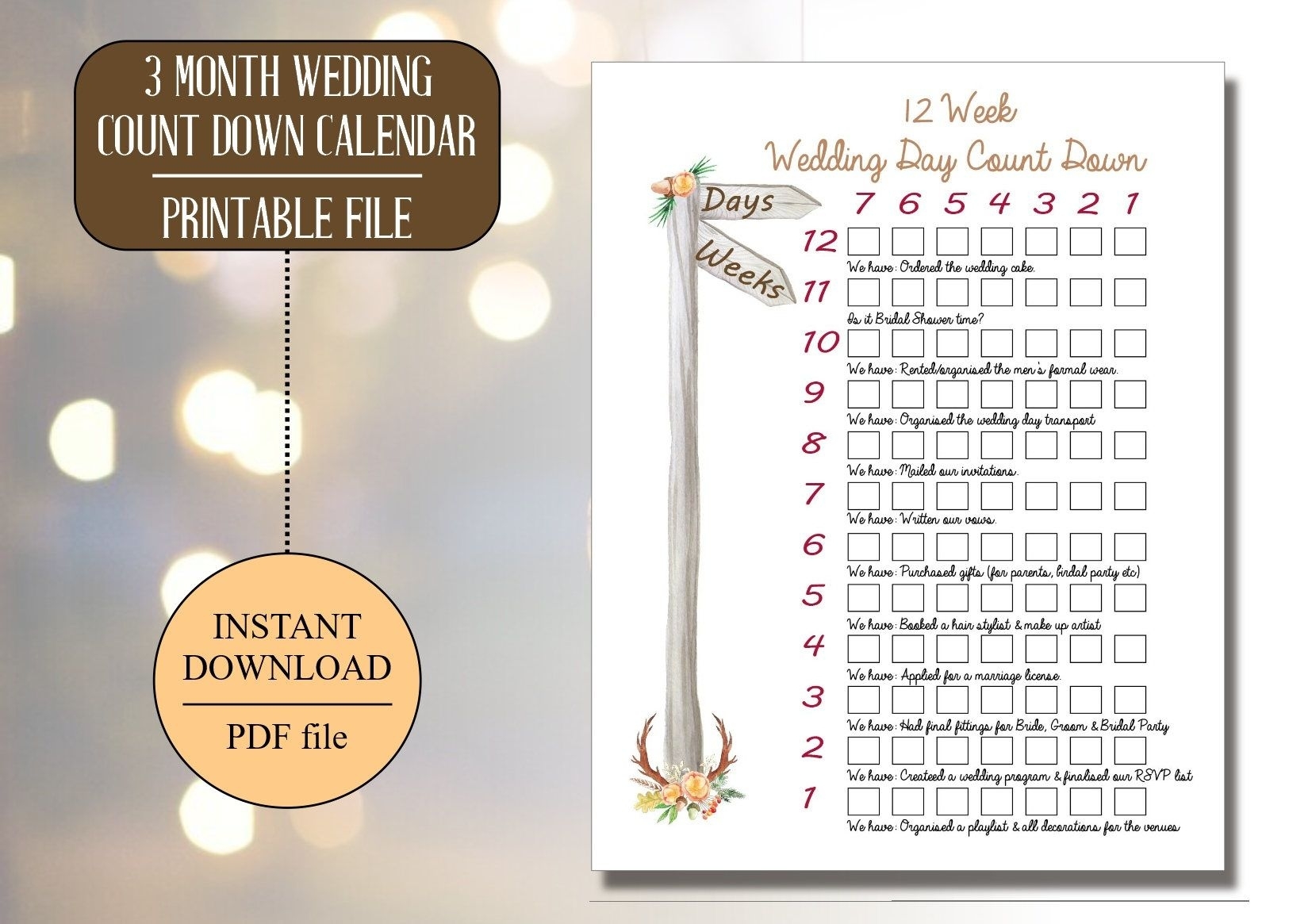 Rustic Wedding Calendar | Printable Wedding Calendar | Wedding 1 Year Wedding Countdown Calendar