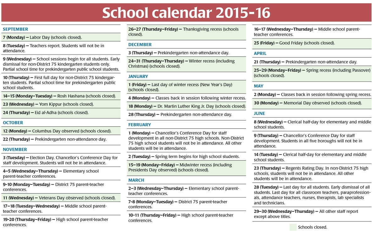 School Calendar 2015-2016 | United Federation Of Teachers Incredible N Y C School Calendar